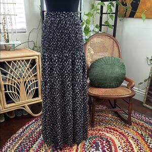 Code x Mode Black Splotch Pattern Smocked Waist Side Slit Maxi Skirt